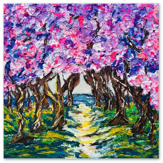 10x10cm square greeting card featuring an abstract impasto painting of purple and pink cherry trees along a beach path.