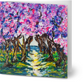10x10cm square greeting card featuring an abstract impasto painting of purple and pink cherry trees along a beach path.