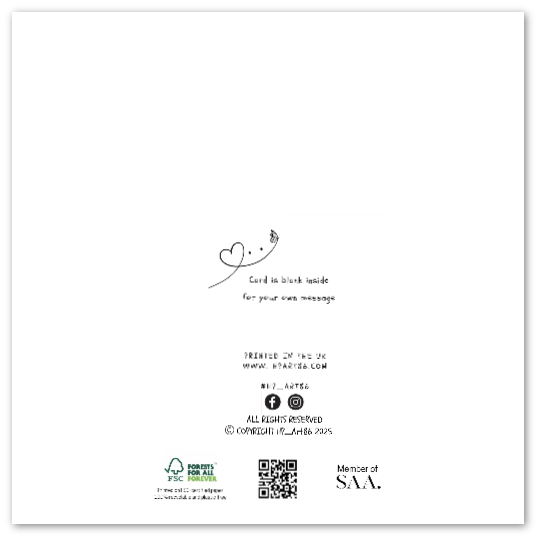 Back of a 14x14cm square greeting card with branding, social media icons, FSC certification logo, and a QR code on white paper.