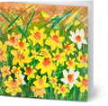 Square 14x14cm greeting card featuring a vibrant, textured oil painting of yellow and white daffodils on green stems.