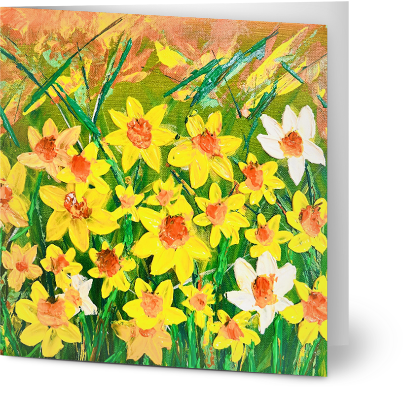 Square 14x14cm greeting card featuring a vibrant, textured oil painting of yellow and white daffodils on green stems.