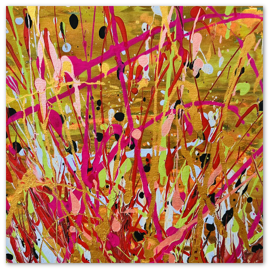 Square 14x14cm greeting card featuring vibrant pink, gold, and lime green abstract paint splatters on premium satin cardstock.