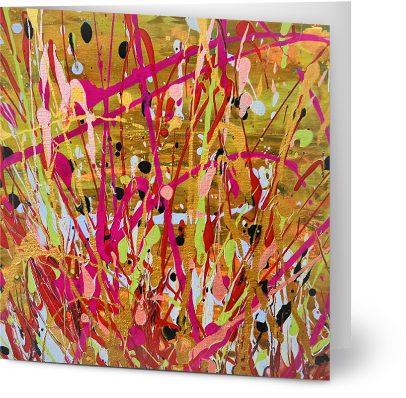 Square 14x14cm greeting card featuring a vibrant pink, gold, and green abstract paint splatter design on premium satin cardstock.