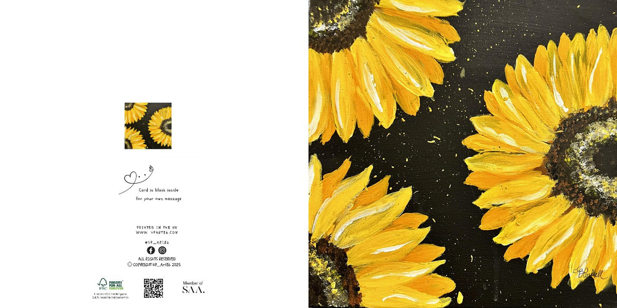 Square 14x14cm greeting card featuring a hand-painted sunflower design on premium satin-finish FSC-certified paper.