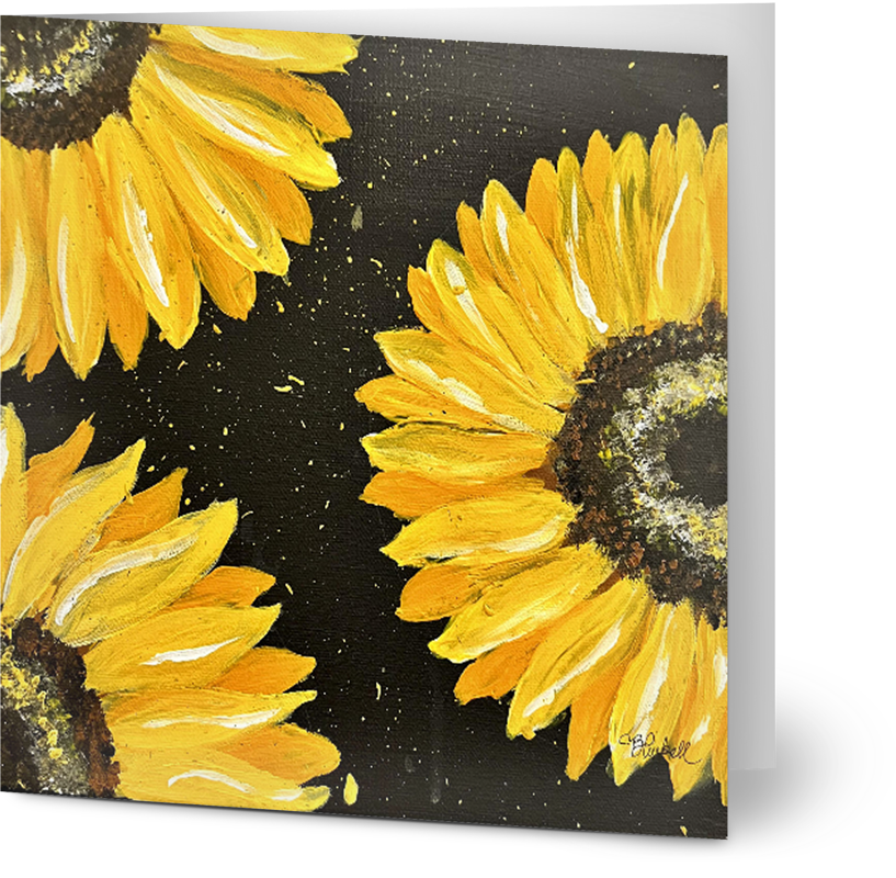 14x14cm square greeting card featuring a hand-painted yellow sunflower design on a textured black background.