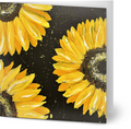 14x14cm square greeting card featuring a hand-painted yellow sunflower design on a textured black background.