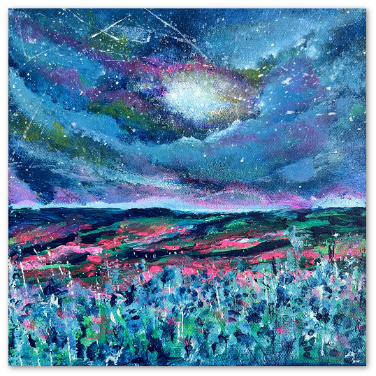 14x14cm square greeting card featuring an abstract starry night painting with vibrant blue, purple, and pink textured brushstrokes.