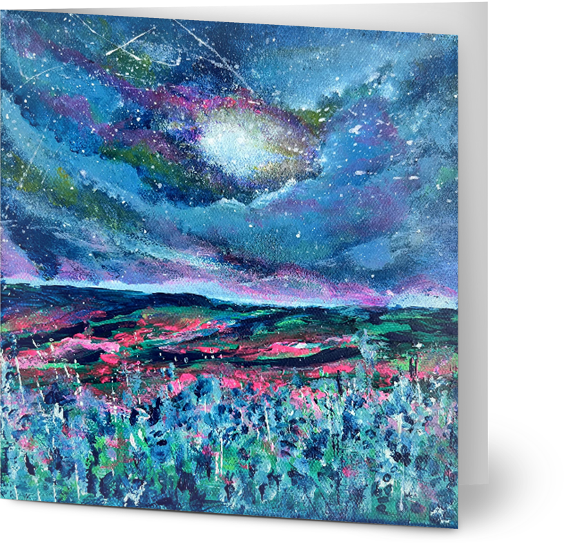 Square 14x14cm greeting card featuring a vibrant abstract starry night painting with blue, pink, and purple brushstrokes.