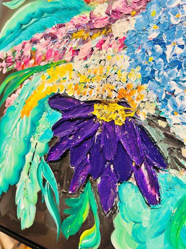 Framed mixed media floral artwork with purple and teal textured blossoms