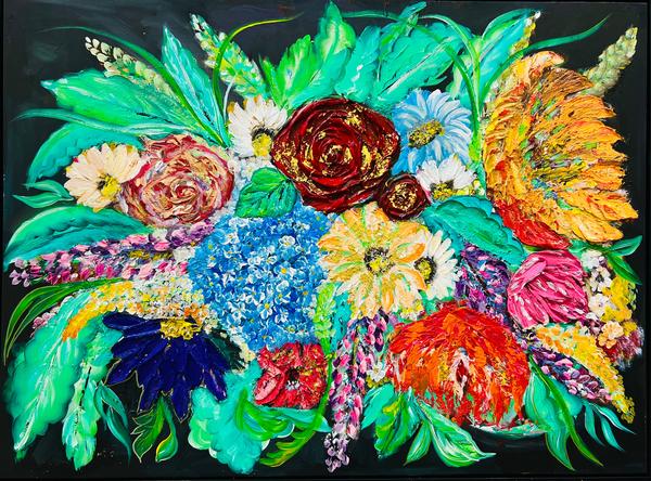 Framed floral mixed media artwork with bright turquoise, orange, and red flower bouquet