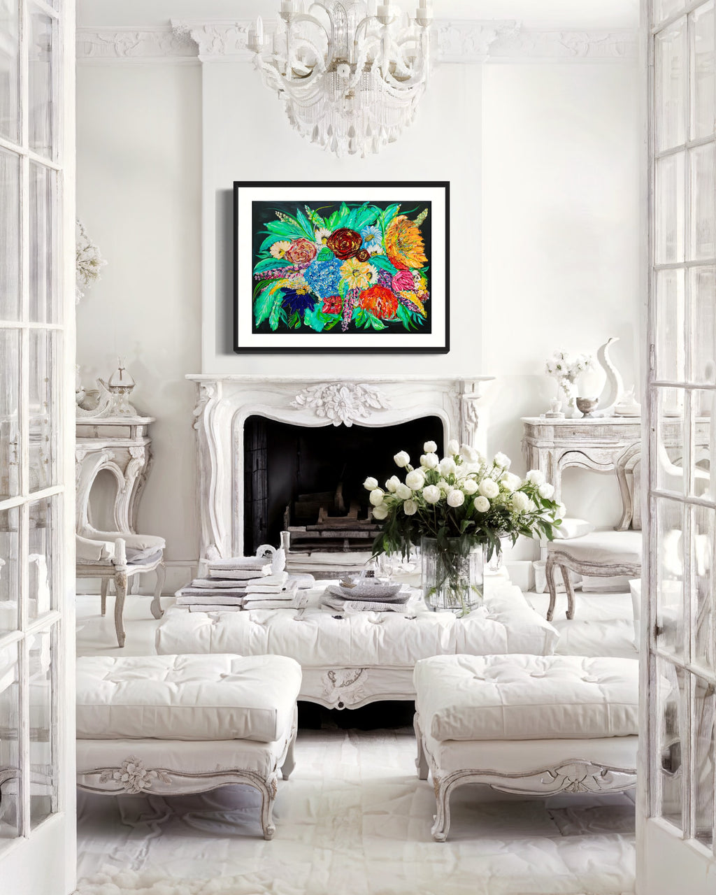 Framed floral mixed media artwork above a fireplace mantel with white blossoms and teal accents
