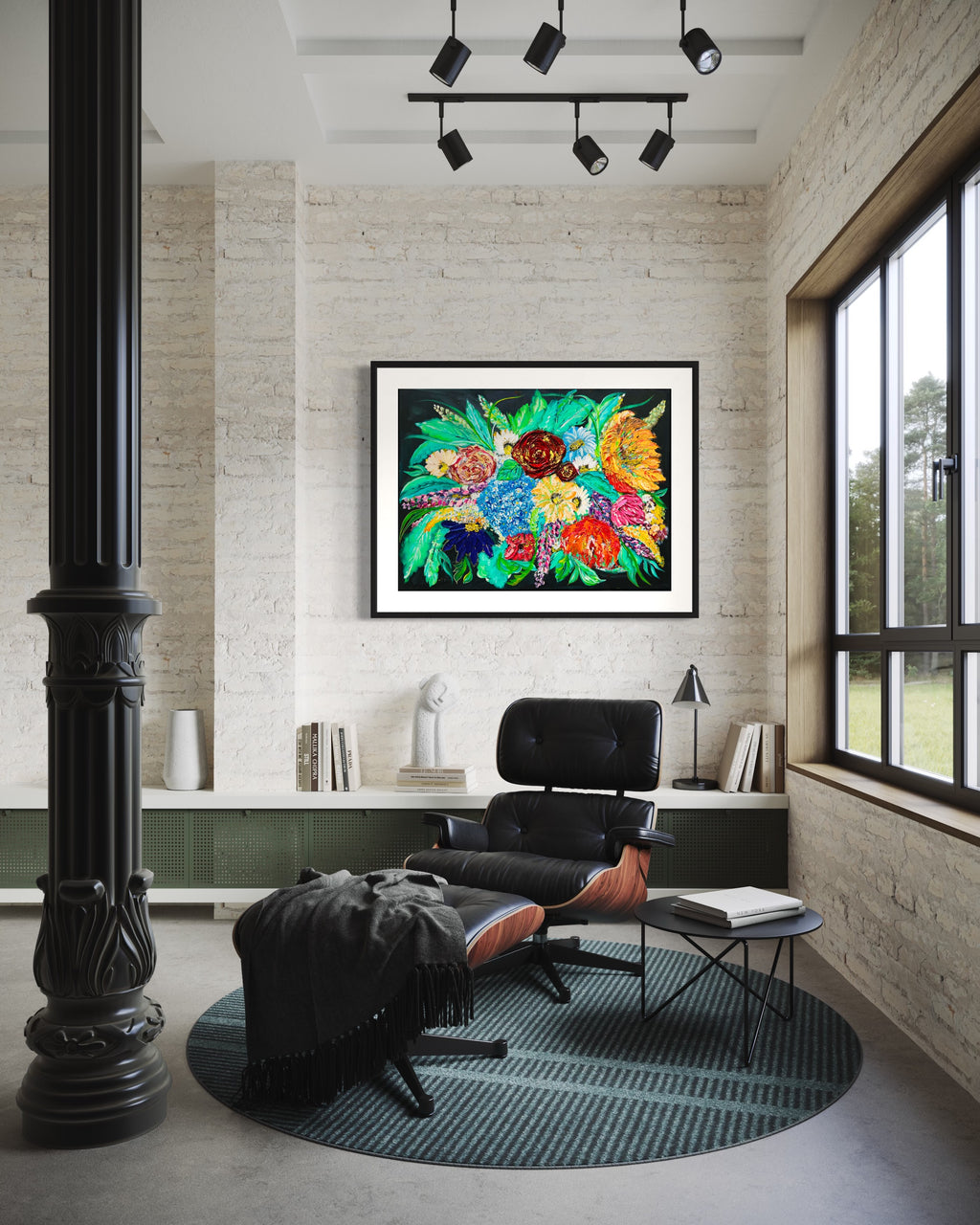 Framed floral mixed media artwork on a wall with teal leaves and orange flower petals