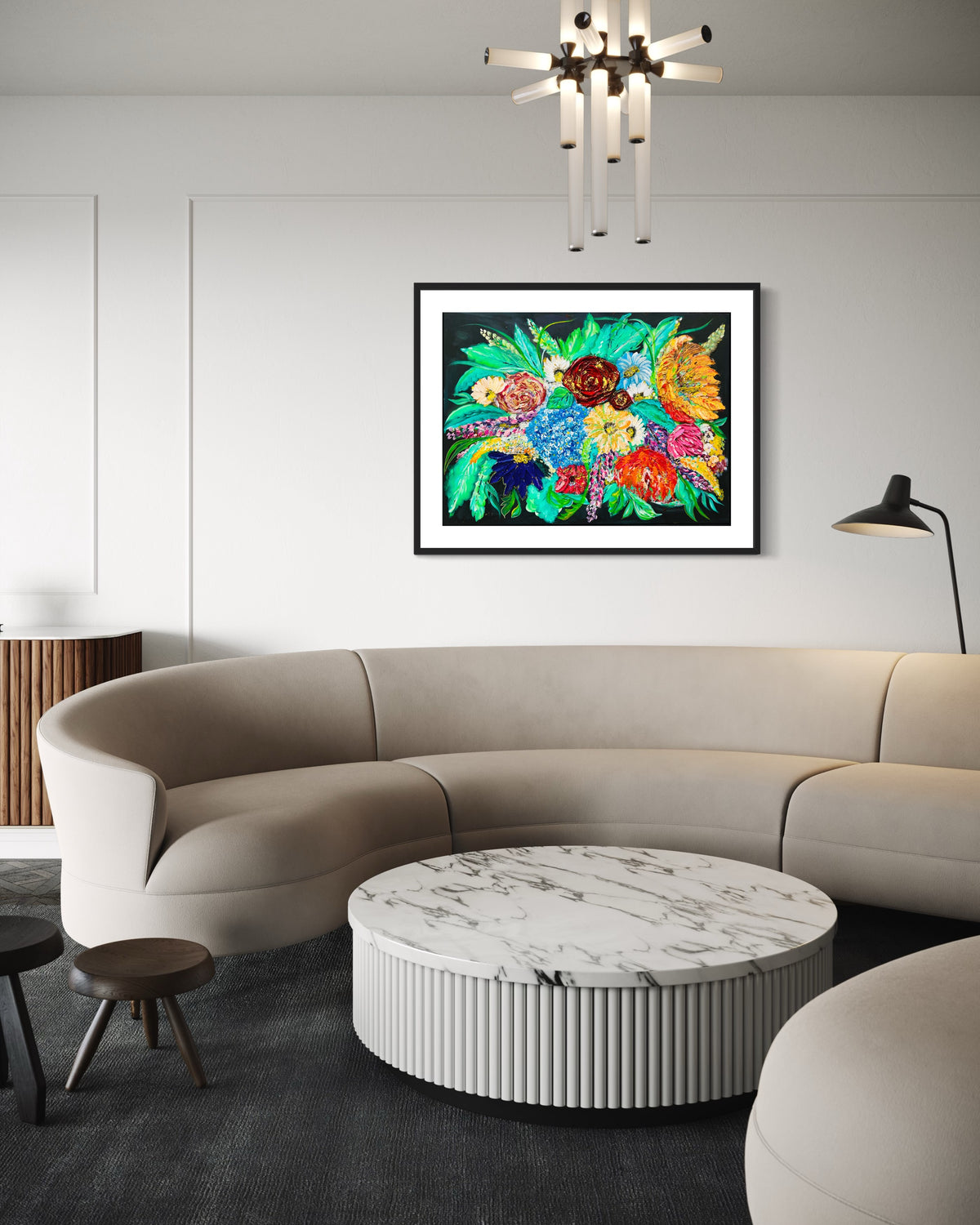 Framed floral mixed media artwork with teal leaves and golden-orange rose center