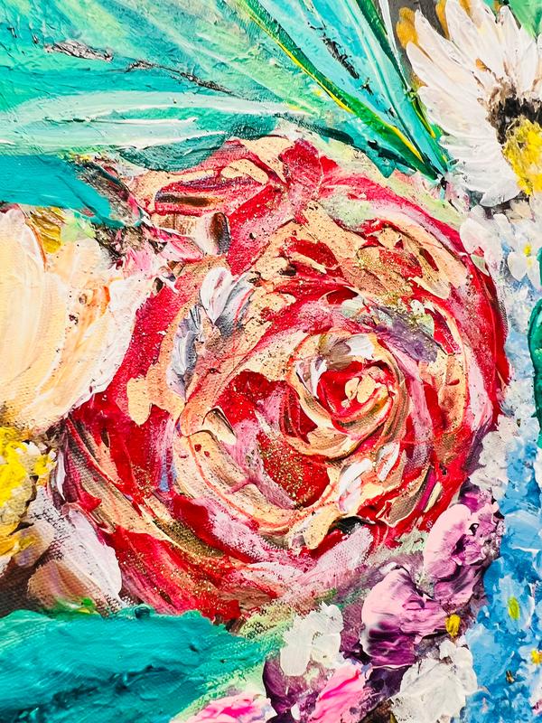 Close-up of textured floral mixed media painting with a red rose and teal-pink accents