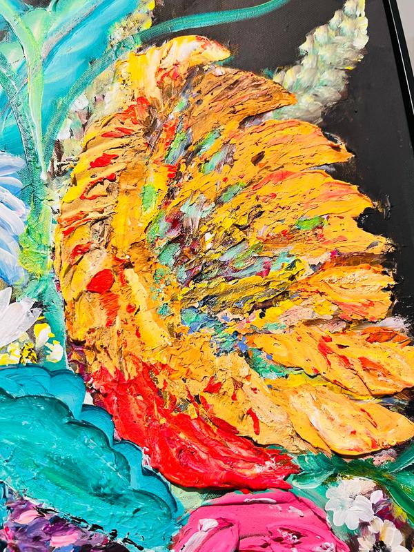 Close-up of textured floral painting featuring orange petals with teal and multicolor strokes
