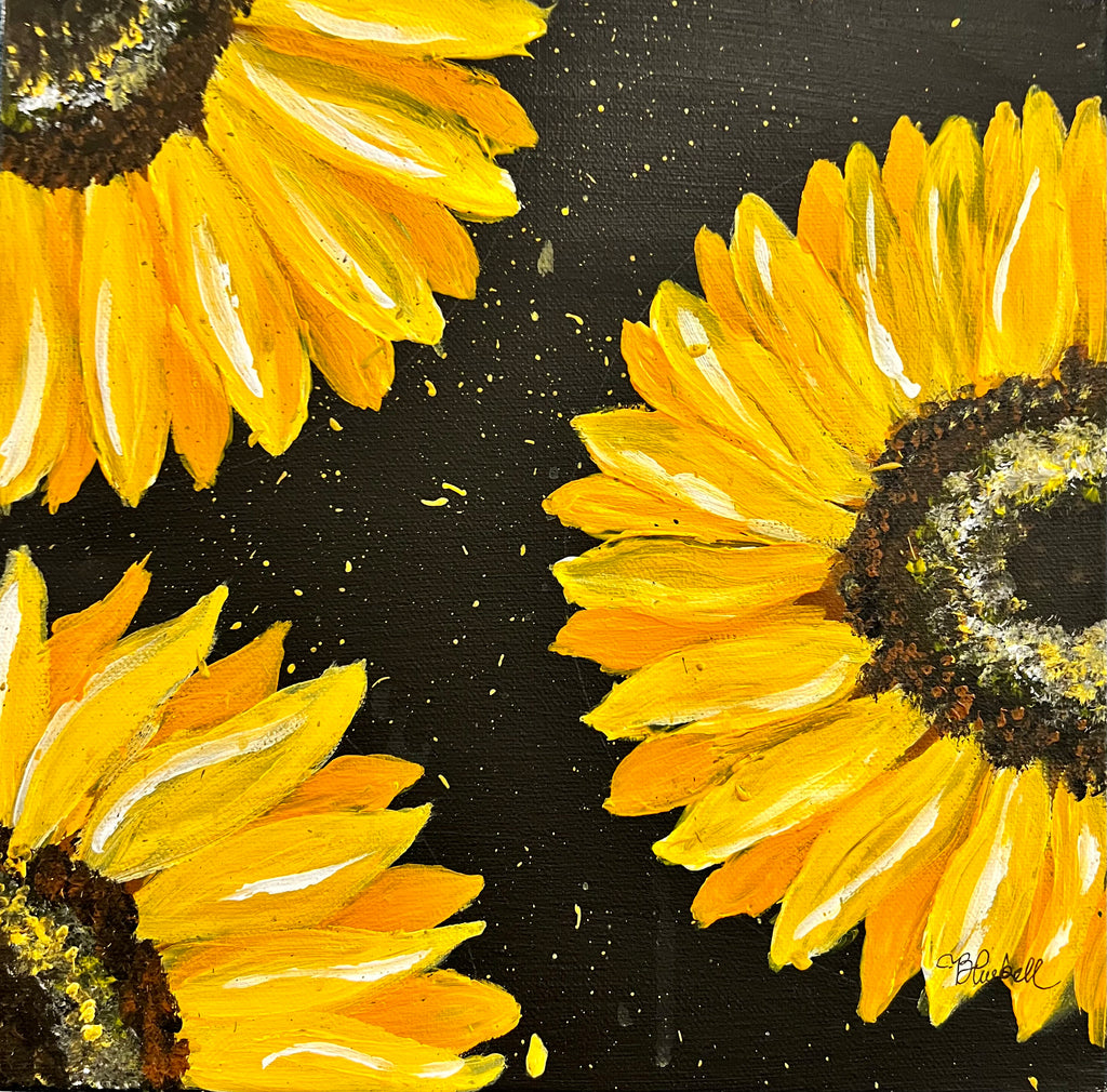 Close-up sunflower wall art with vivid yellow petals on a dark textured background.