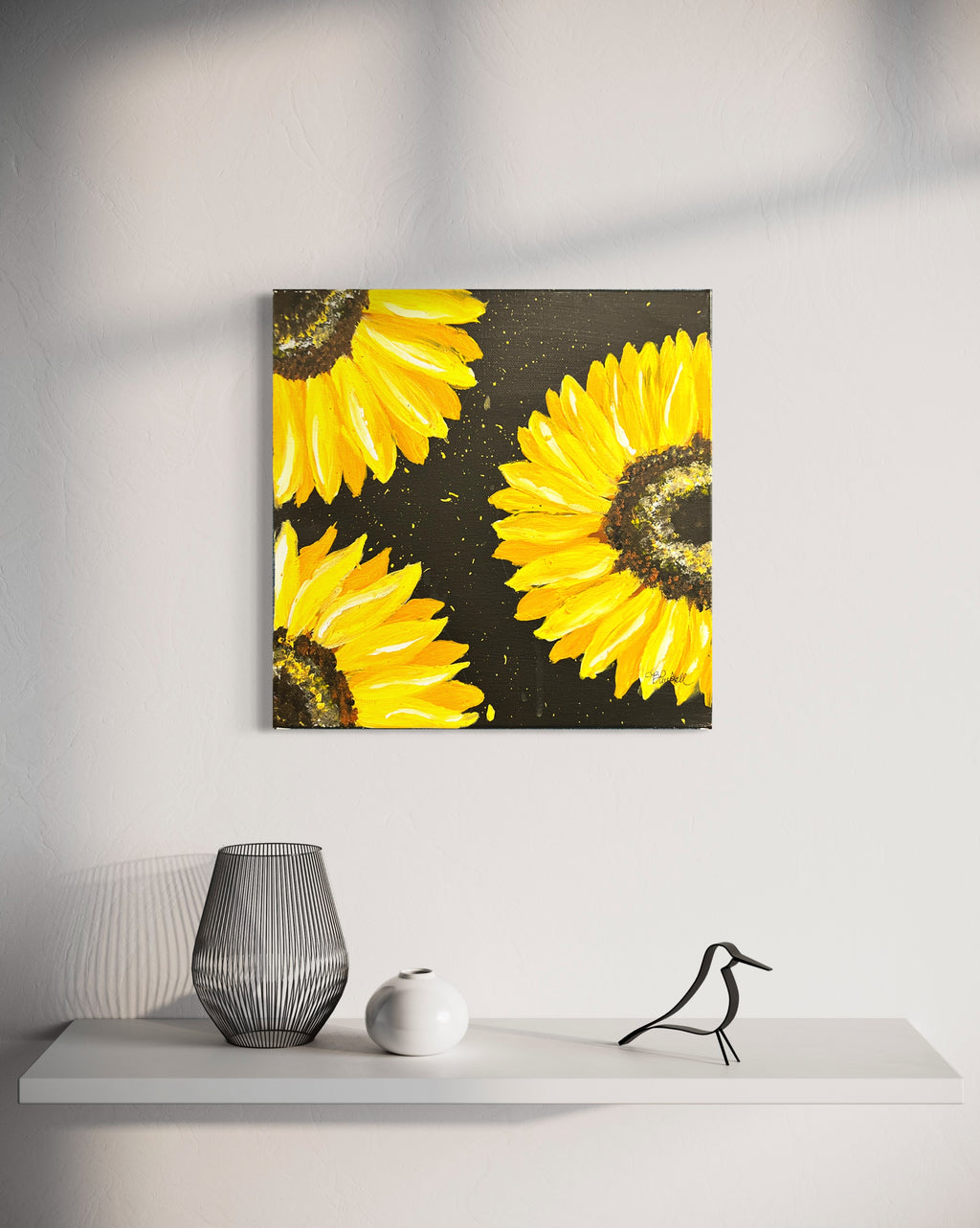 Sunflower wall art panel with yellow flowers on dark speckled background.
