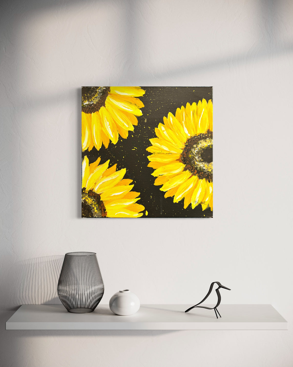 Sunflower wall art panel with yellow flowers on dark speckled background.