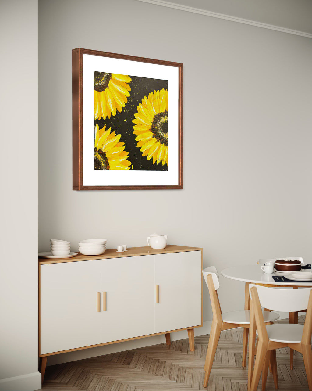 Framed square sunflower print with yellow blooms and black textured backdrop.