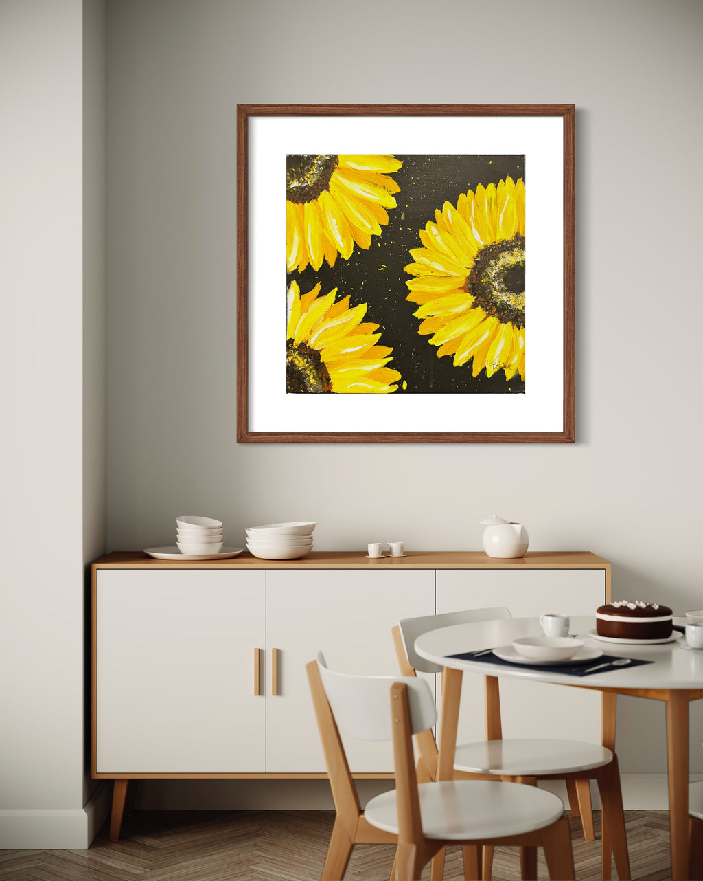 Framed sunflower artwork with multiple yellow blossoms on dark canvas.