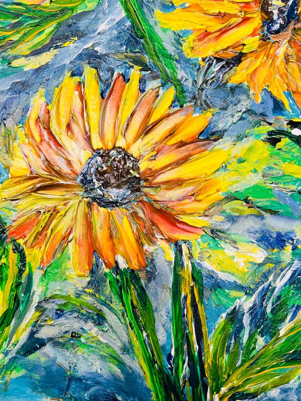 Framed sunflower landscape painting with two yellow flowers, green stems, and blue brushstrokes.