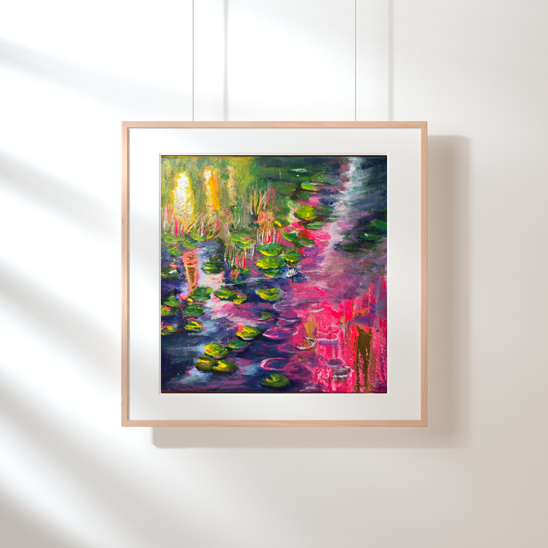 Framed abstract acrylic painting with water lilies in pink, green, blue and gold leaf highlights