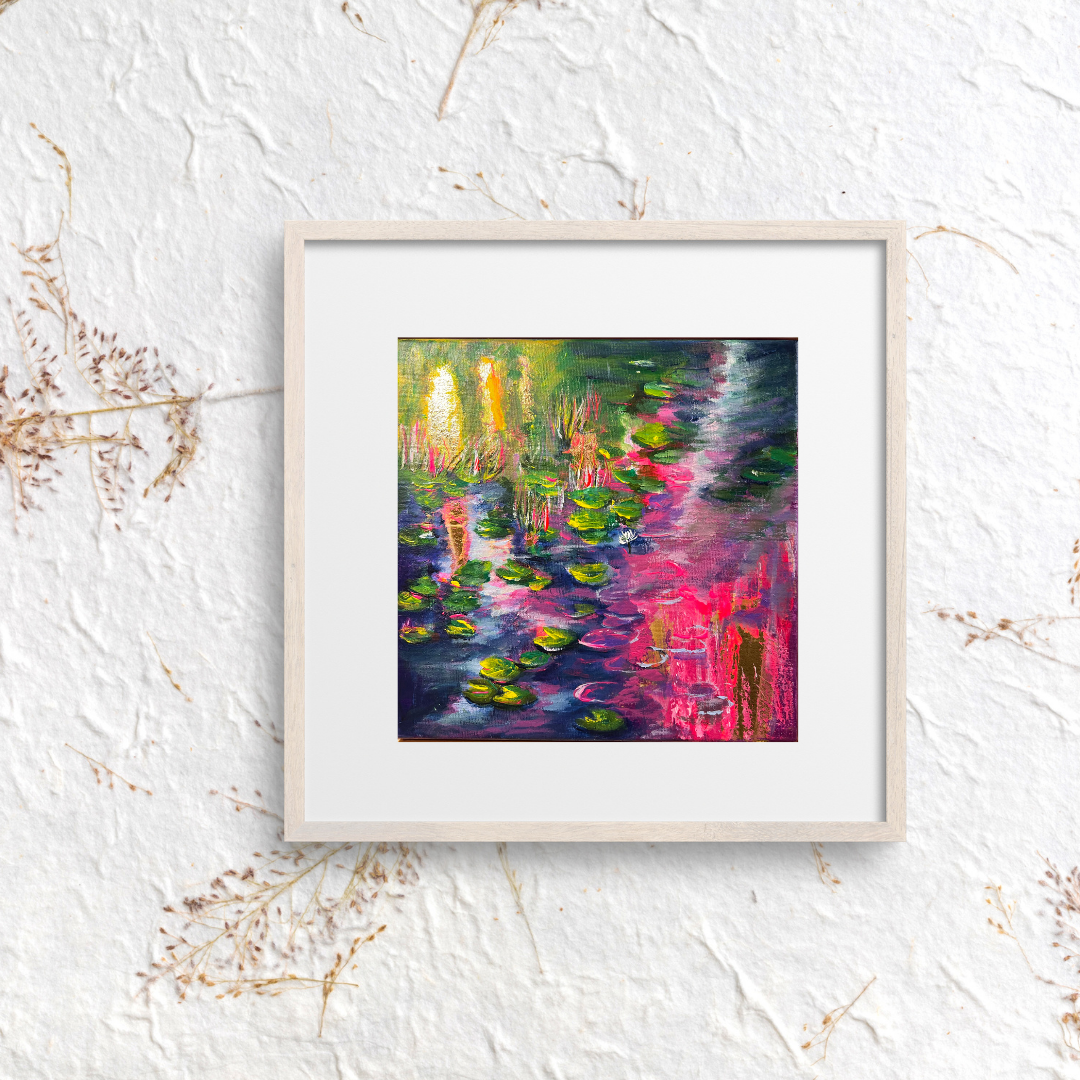Framed abstract acrylic painting of water lilies with pink and green blooms and gold leaf details