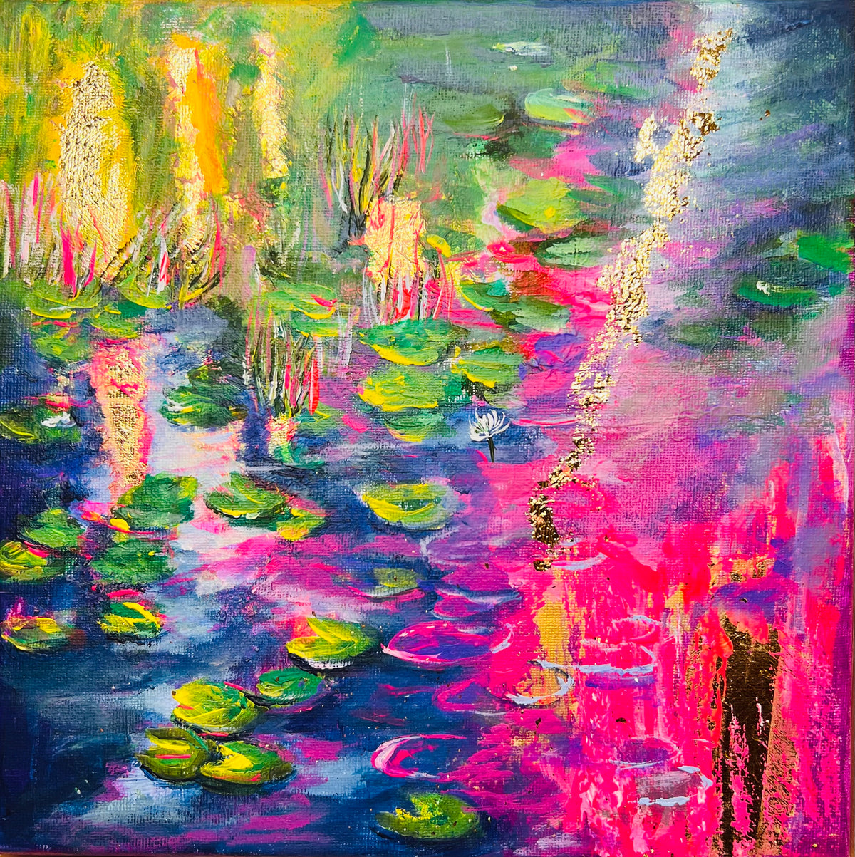 Abstract acrylic painting with vivid pink, green, and blue water lilies and gold leaf accents