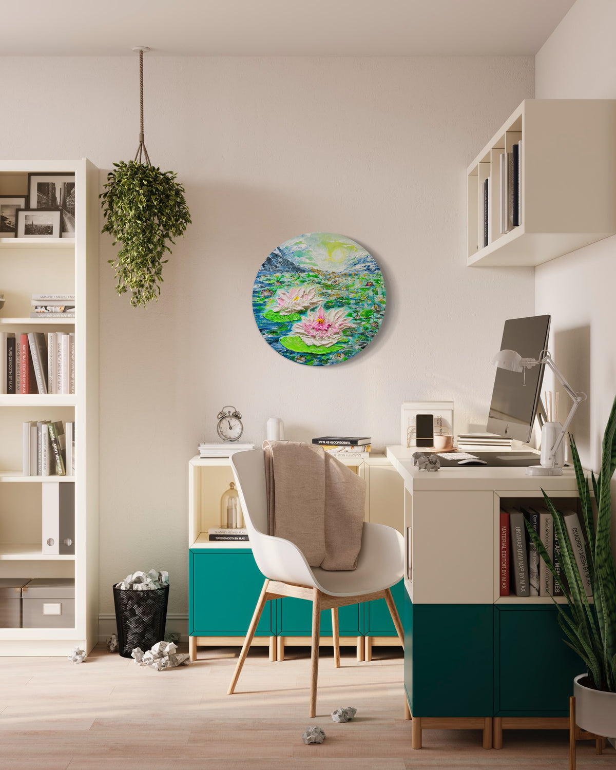 Small round textured pond painting with lily pads and pink-white waterlilies