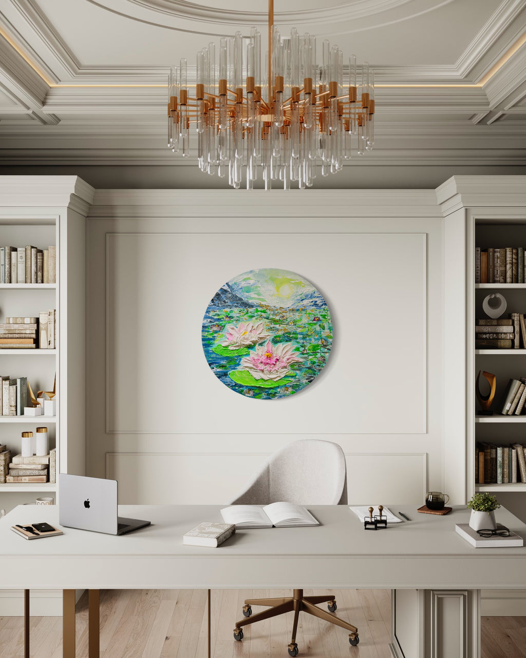 Round textured pond painting on wall with lily pads, pink-white waterlilies, bright sun