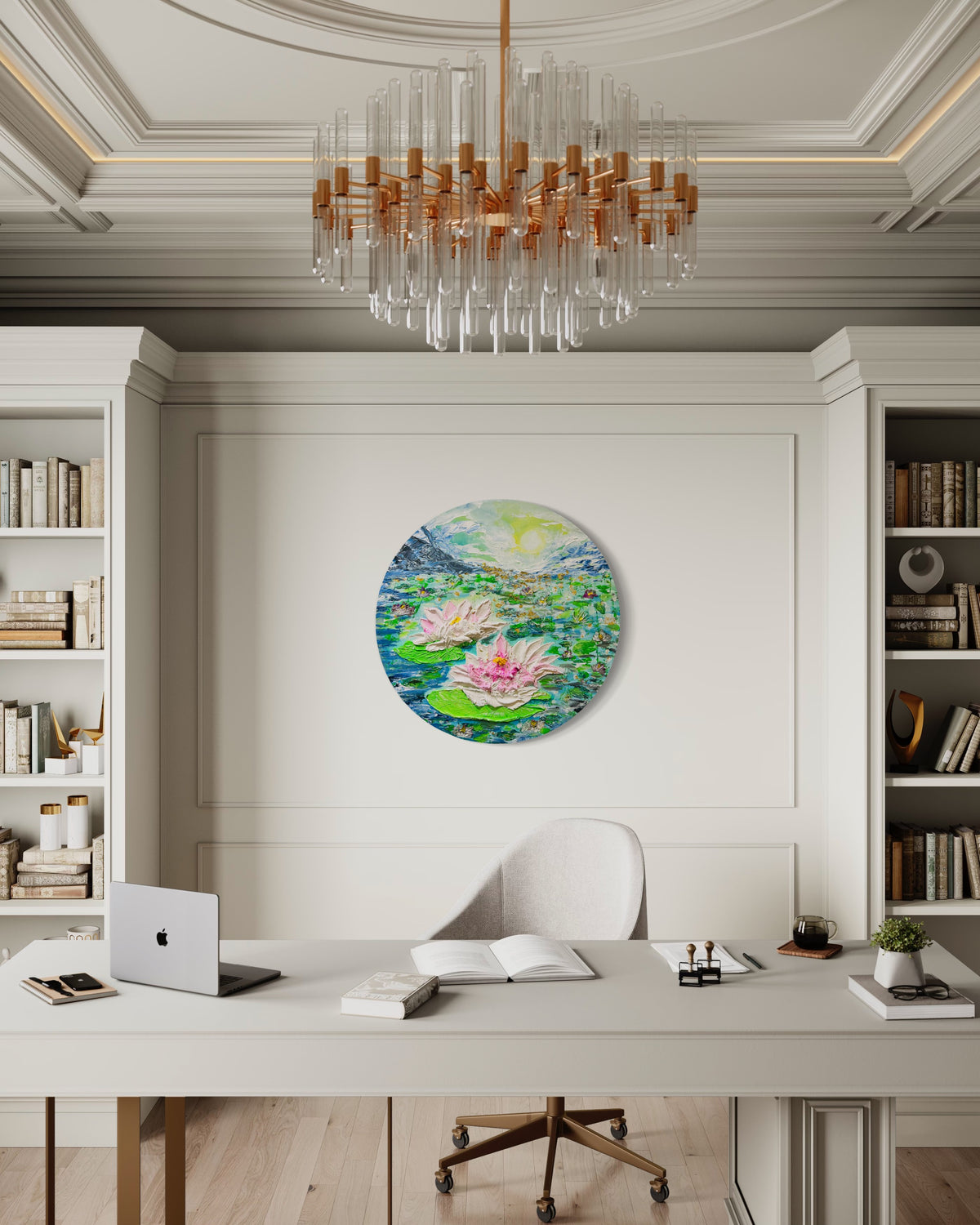 Round textured pond painting on wall with lily pads, pink-white waterlilies, bright sun