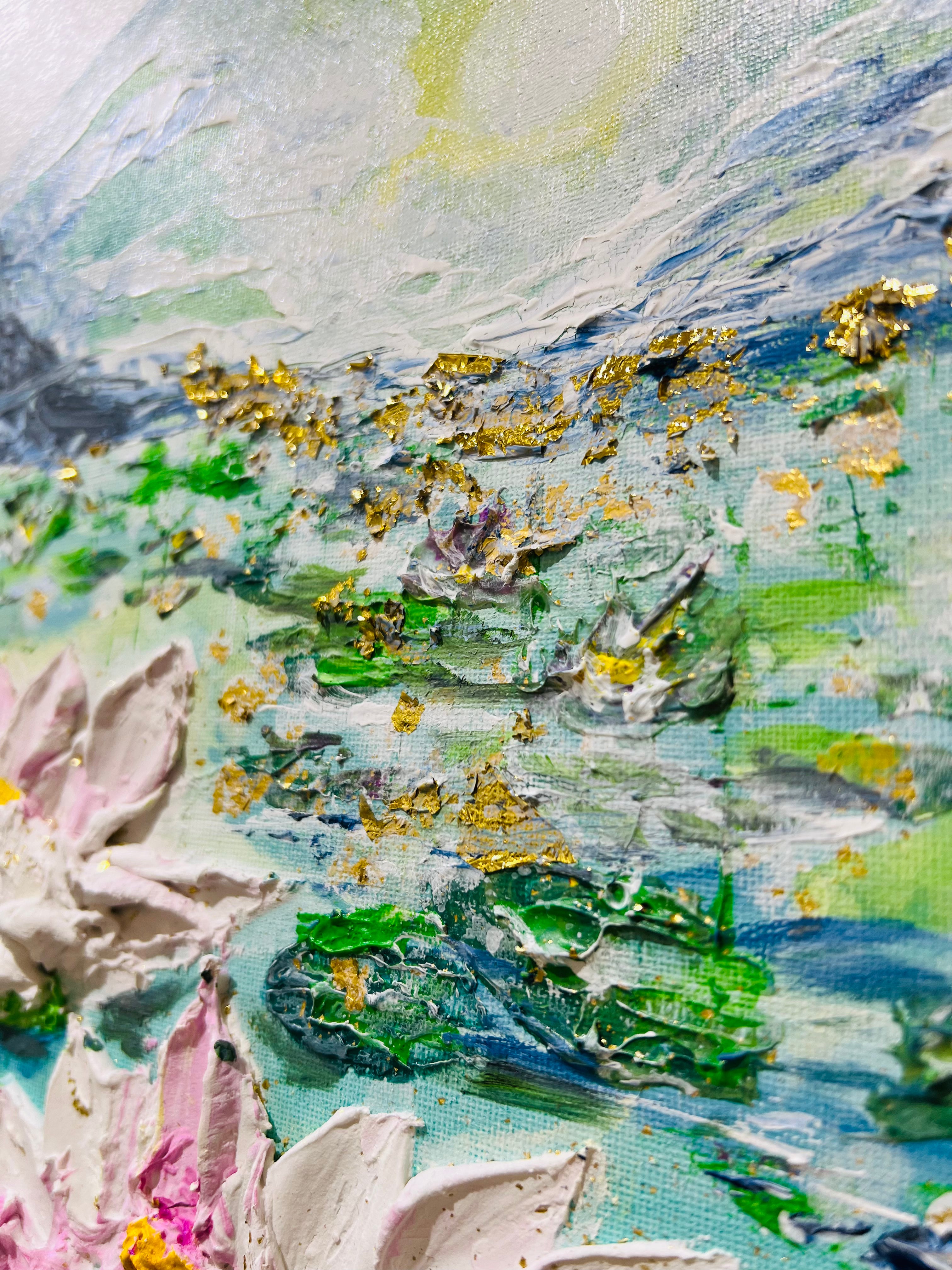 Textured canvas close-up with blue water, green lily pads, and pale blossoms
