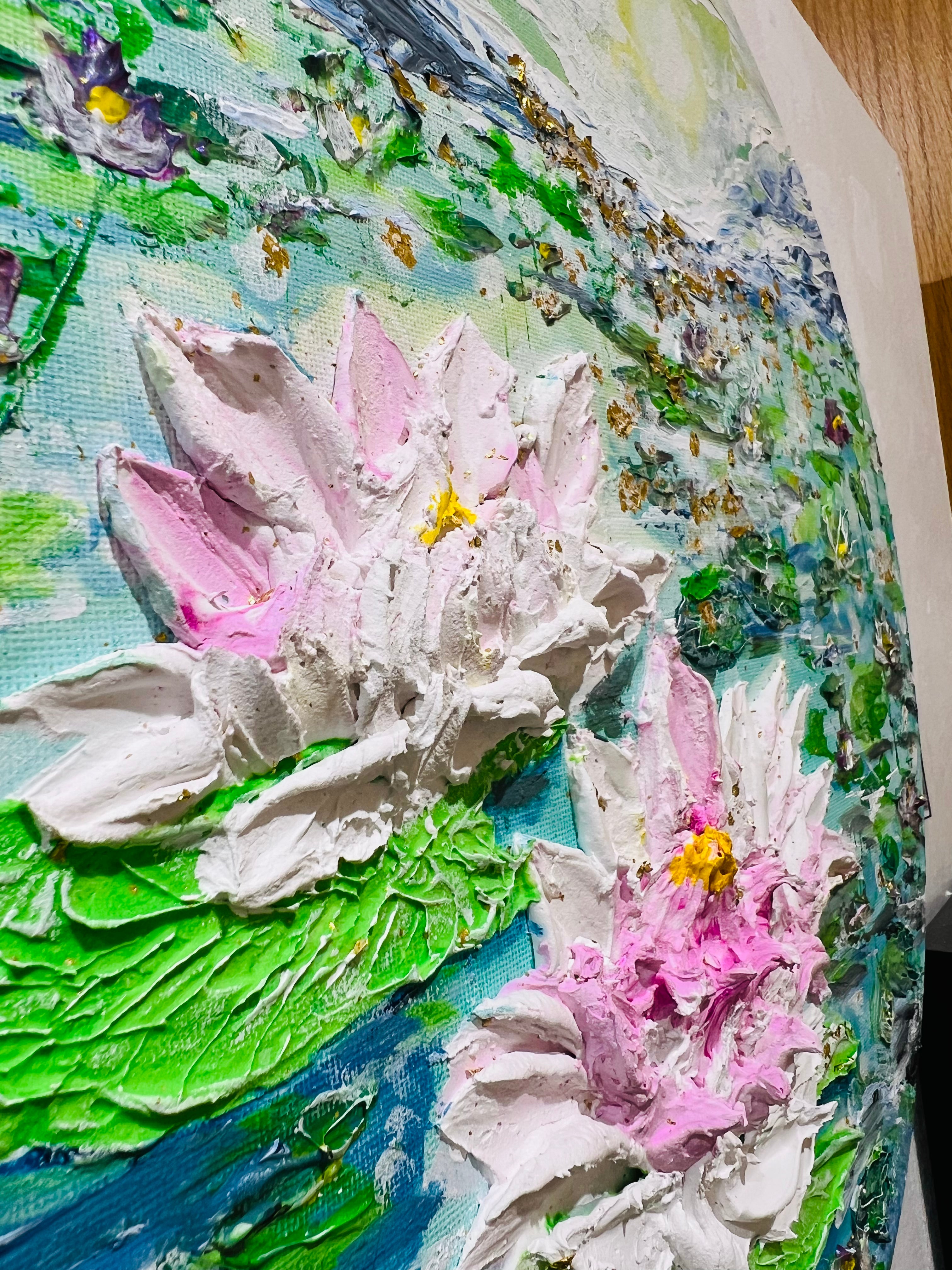 Textured canvas close-up of pink-white waterlilies and green lily pads, layered paint