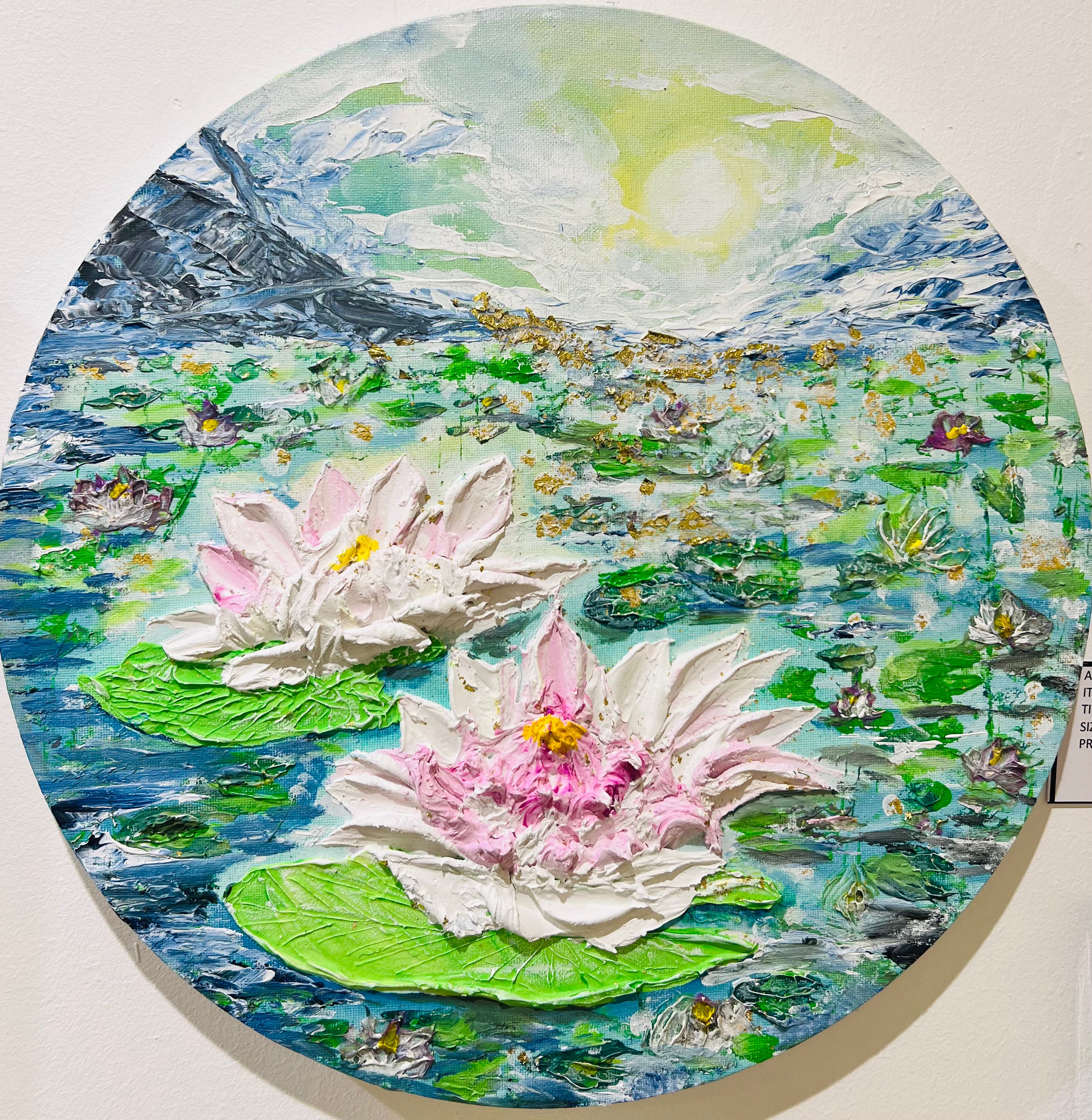 Round textured canvas wall art with green lily pads, pink-white waterlilies, blue sunrise sky