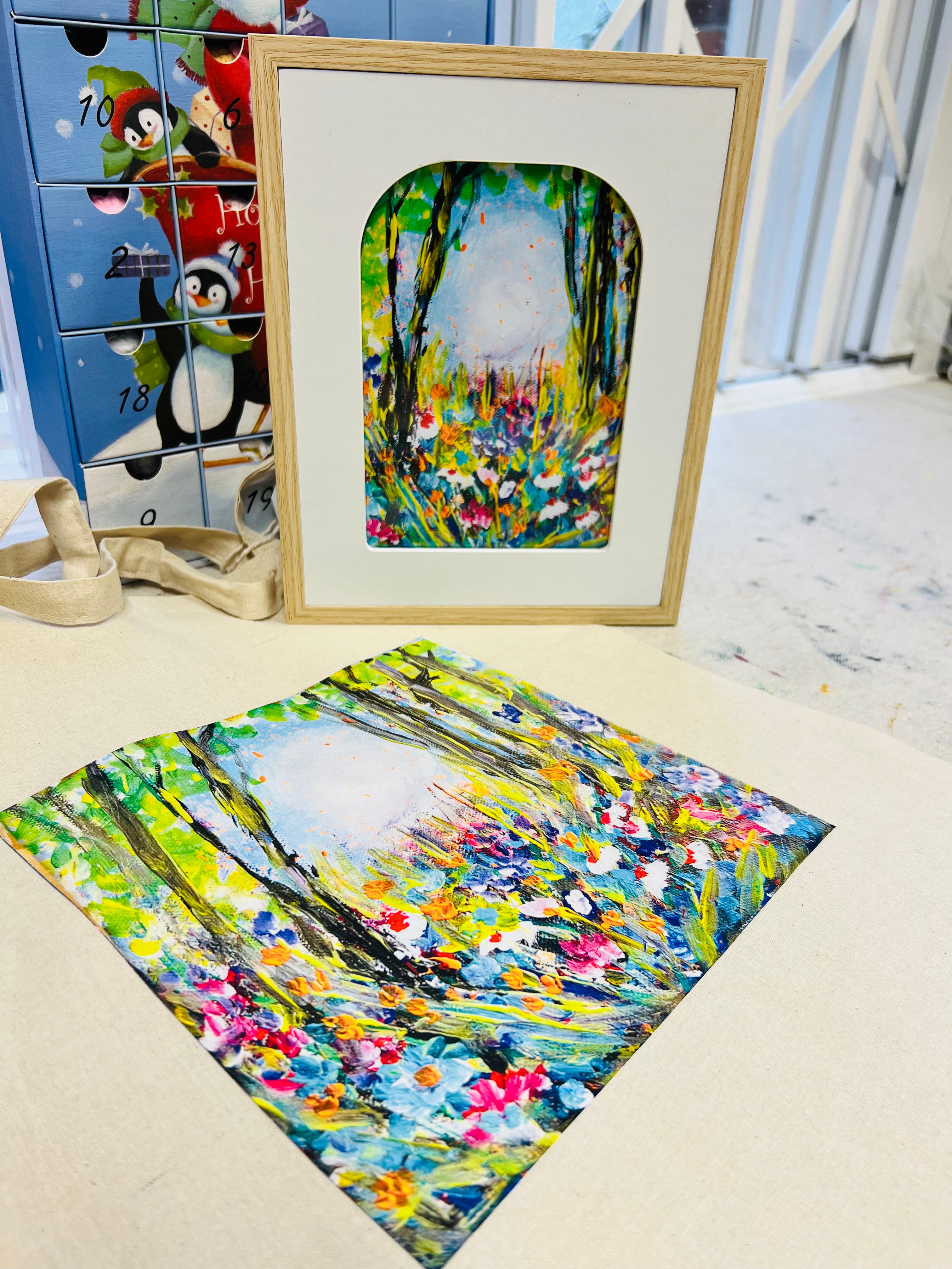Symphony of Flowers gift set featuring a framed 13x18cm floral art print and a matching cotton canvas tote bag.