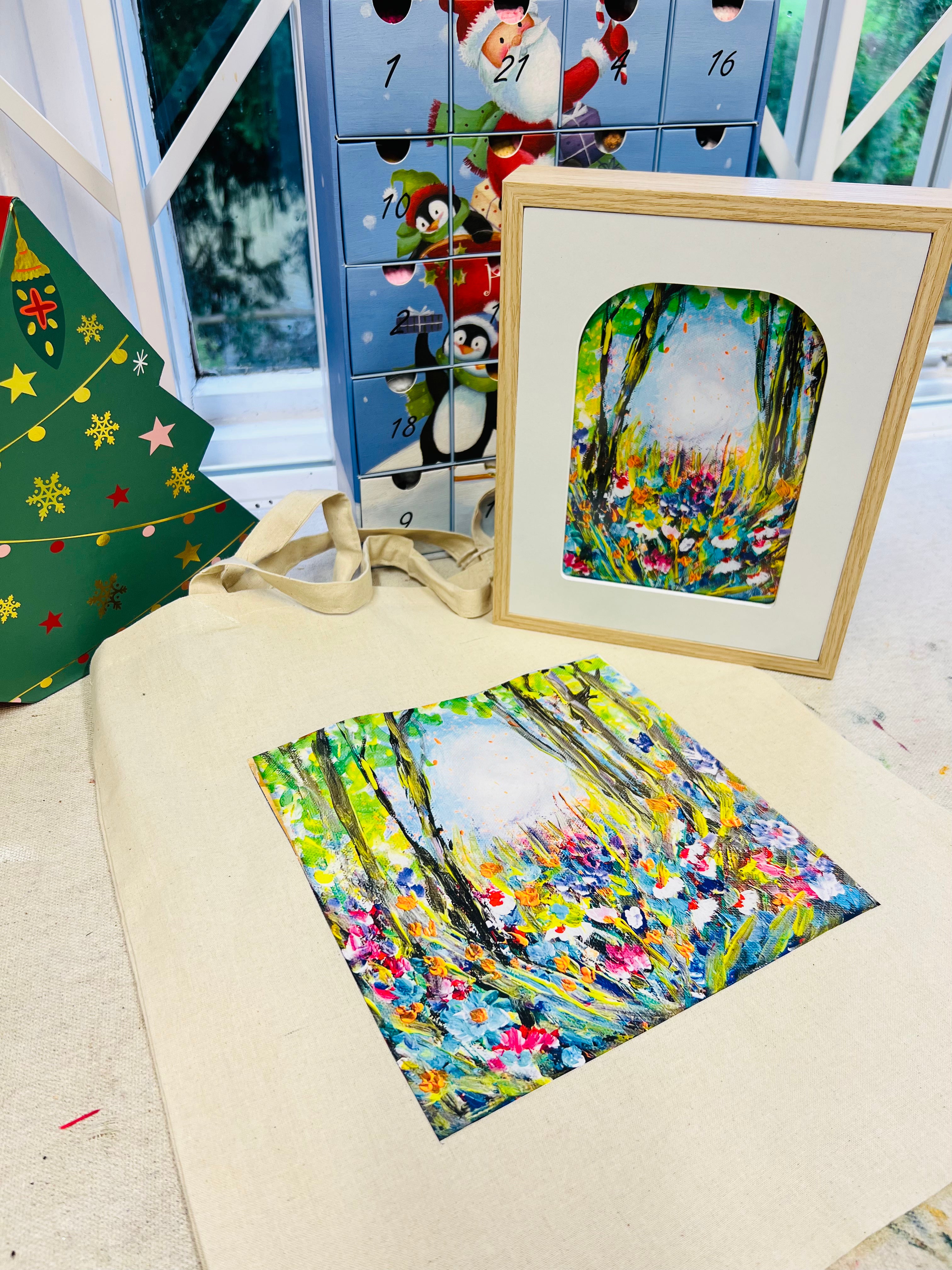 3-piece gift set: wooden-framed colorful forest print with matching art card