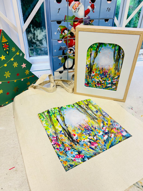 3-piece gift set: wooden-framed colorful forest print with matching art card