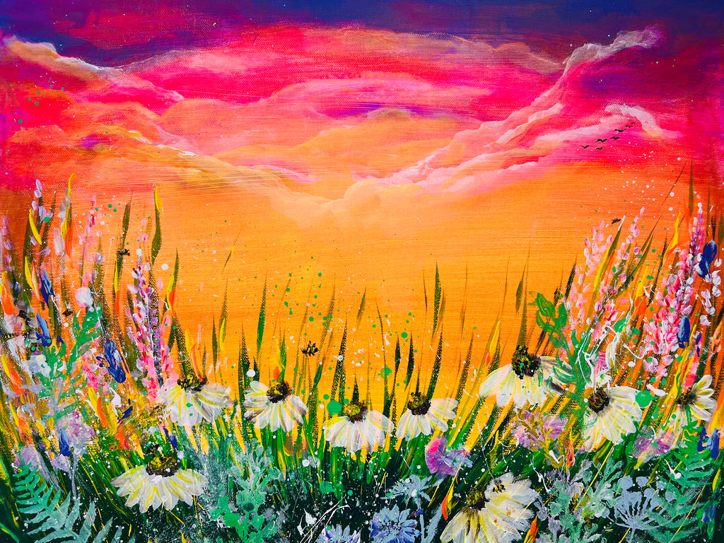Sunset wildflower original painting with bright pink clouds and yellow-orange sky