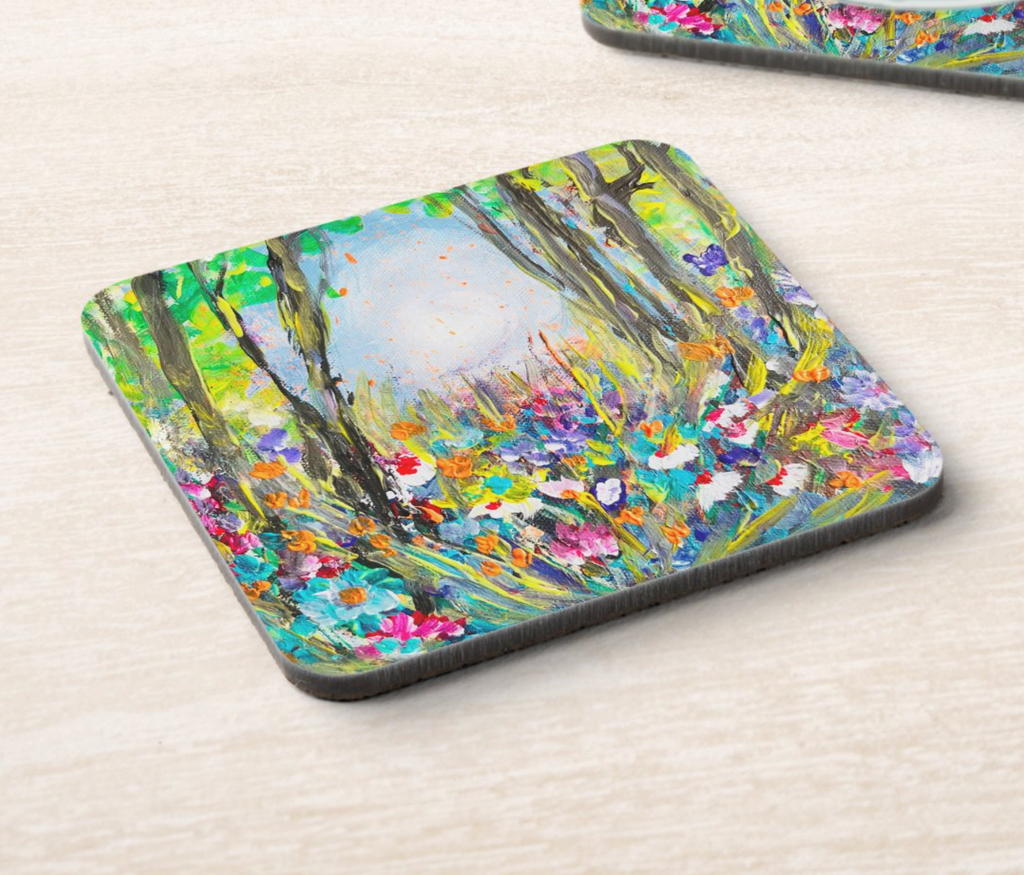 HARDBOARD COASTER -9.5x9.5cm Yellow and Green Wildflower Wood Painting