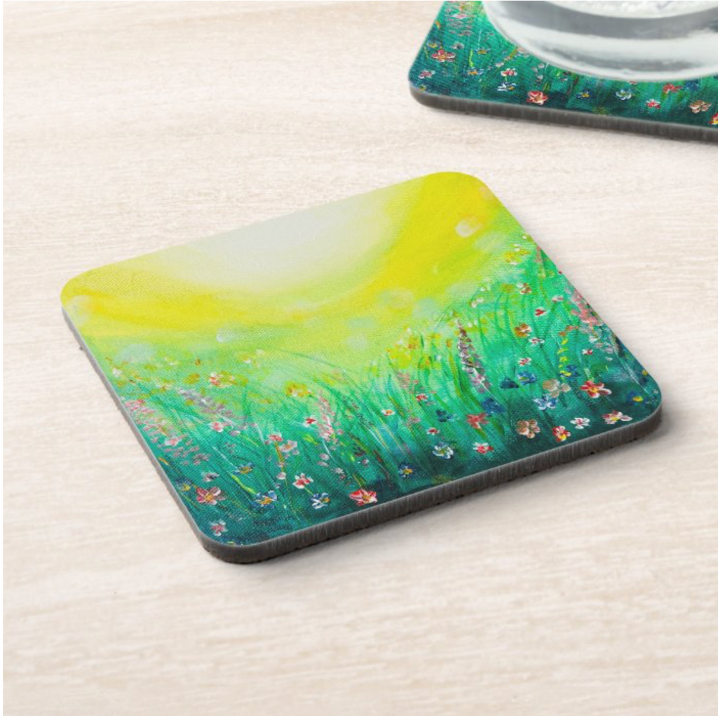 HARDBOARD COASTER - 9.5x9.5cm Beautiful green and yellow wildflower meadow painting