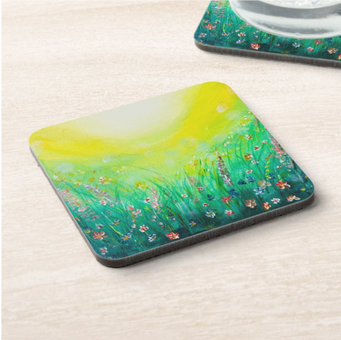 HARDBOARD COASTER - 9.5x9.5cm Beautiful green and yellow wildflower meadow painting