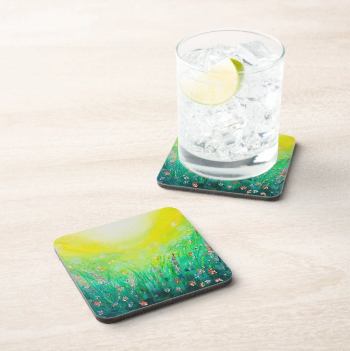 HARDBOARD COASTER - 9.5x9.5cm Beautiful green and yellow wildflower meadow painting
