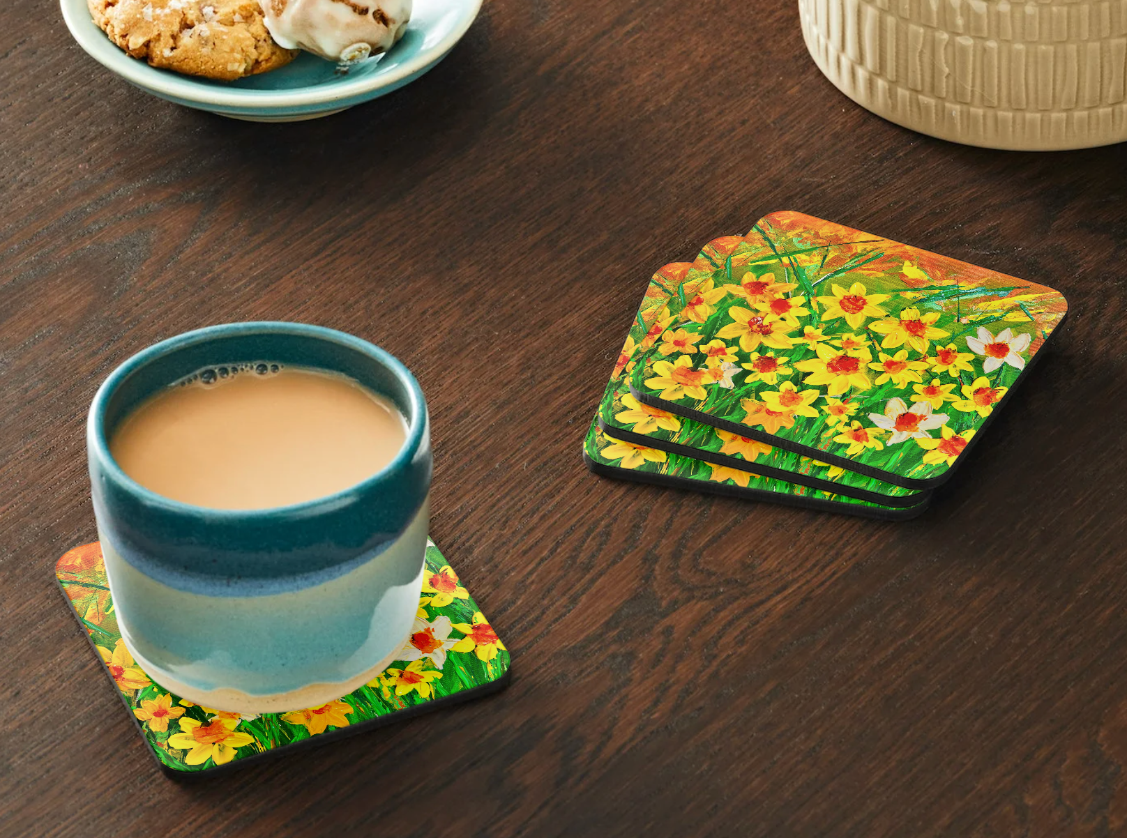 HARDBOARD COASTER - 9.5x9.5cm Texture Art Daffodils Flowers
