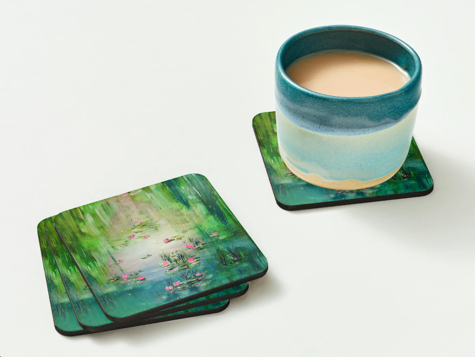 HARDBOARD COASTER - 9.5x9.5cm Beautiful green waterlily scene "Living a dream"