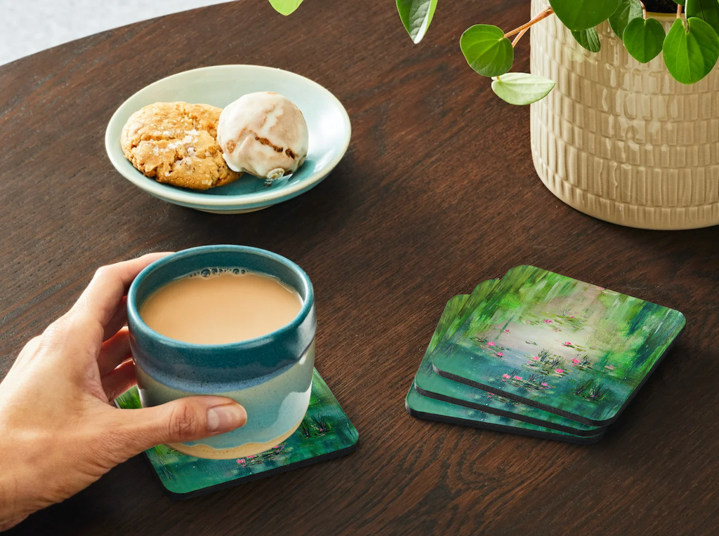 HARDBOARD COASTER - 9.5x9.5cm Beautiful green waterlily scene "Living a dream"
