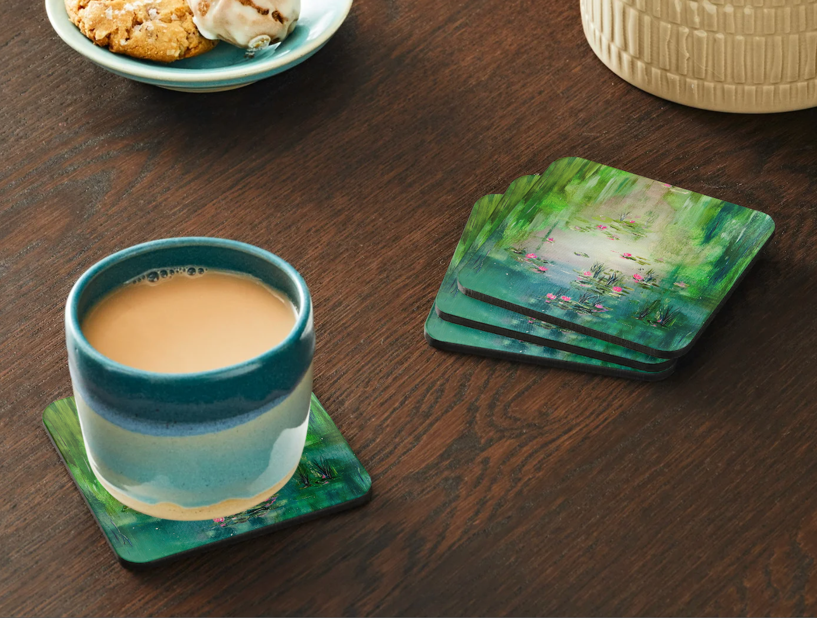 HARDBOARD COASTER - 9.5x9.5cm Beautiful green waterlily scene "Living a dream"