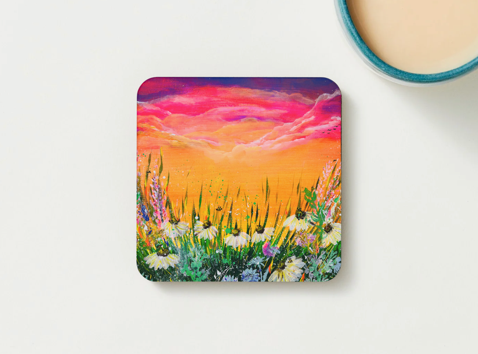 HARDBOARD COASTER - 9.5x9.5cm Texture Art Bright Colourful Flowers Field Acrylic Painting