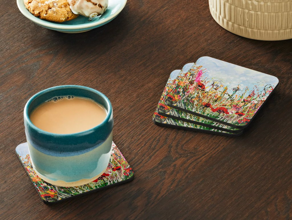 HARDBOARD COASTER - 9.5x9.5cm Wildflowers Meadow hand paint original artwork