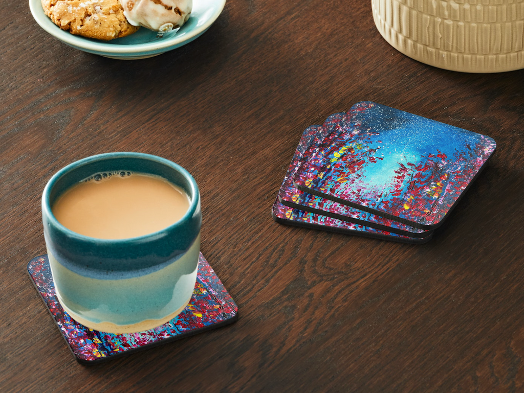 HARDBOARD COASTER - 9.5x9.5cm Under Stars Dark Blue and Flowers Acrylic Painting