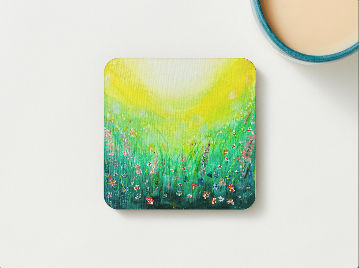 HARDBOARD COASTER - 9.5x9.5cm Beautiful green and yellow wildflower meadow painting